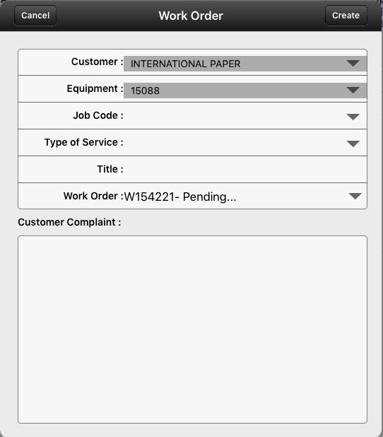 The customer and equipment default. Add the Job Code, Type of Service, Title and notes about the customer complaint. Your screen now displays the newly created work order segment.