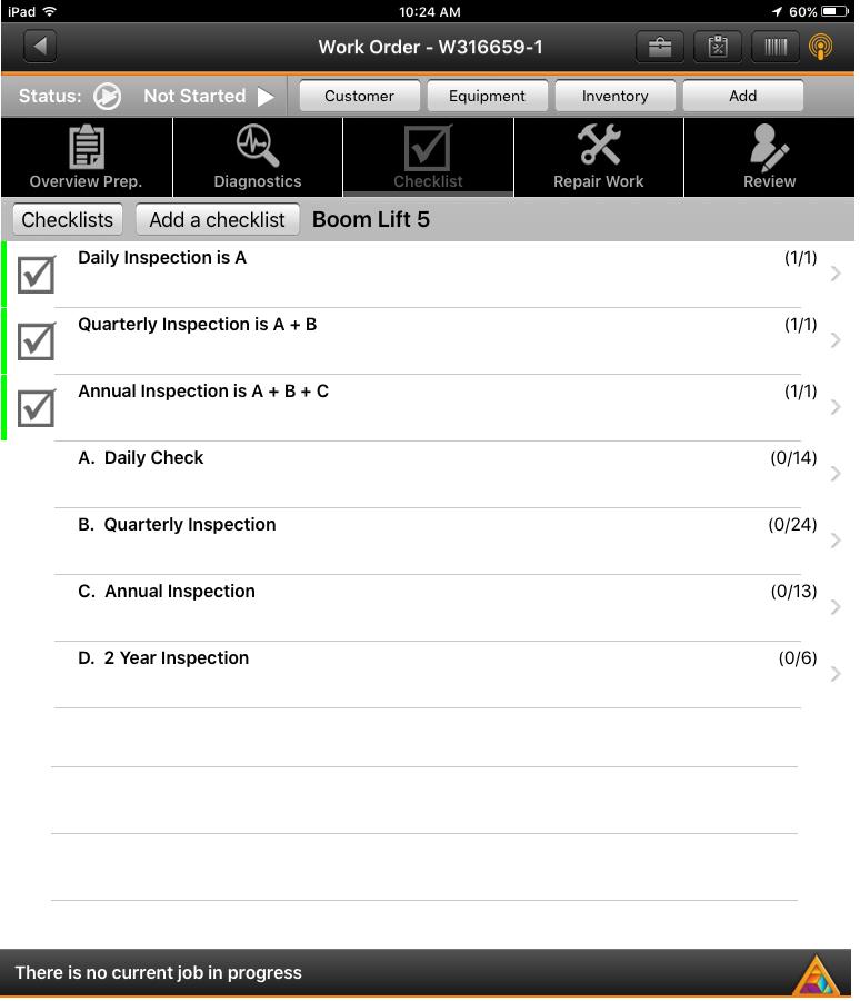Checklists Checklists gives you a set of specific tasks for each work order and provides a way to track your progress. Multiple checklists can be added to a work order.