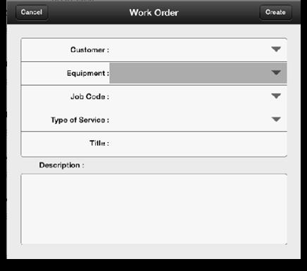 Tap Create WO to create a new work order. Select a customer and then select from a list of equipment for that customer.