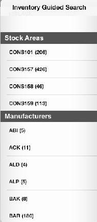 Use Inventory Guided Search to filter by manufacturer or to filter by a specific location, such as the main warehouse,