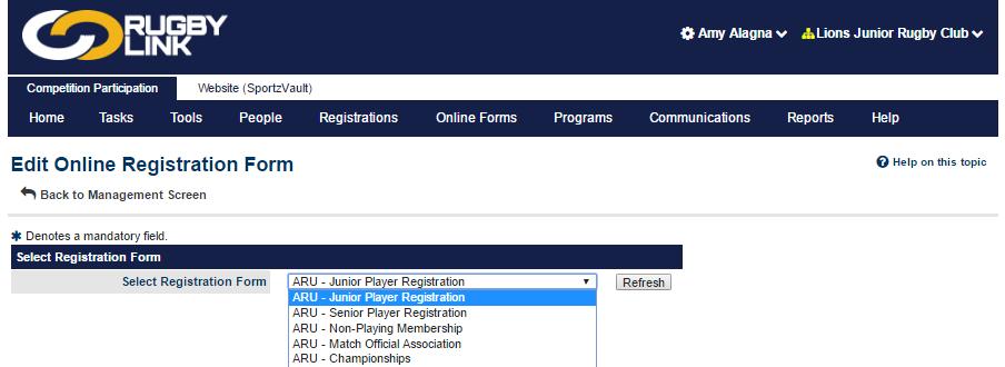 Clubs can re-name their registration forms to whatever they chose General Settings o Rename your form o Change status to Active o Enter the Club contact name and email