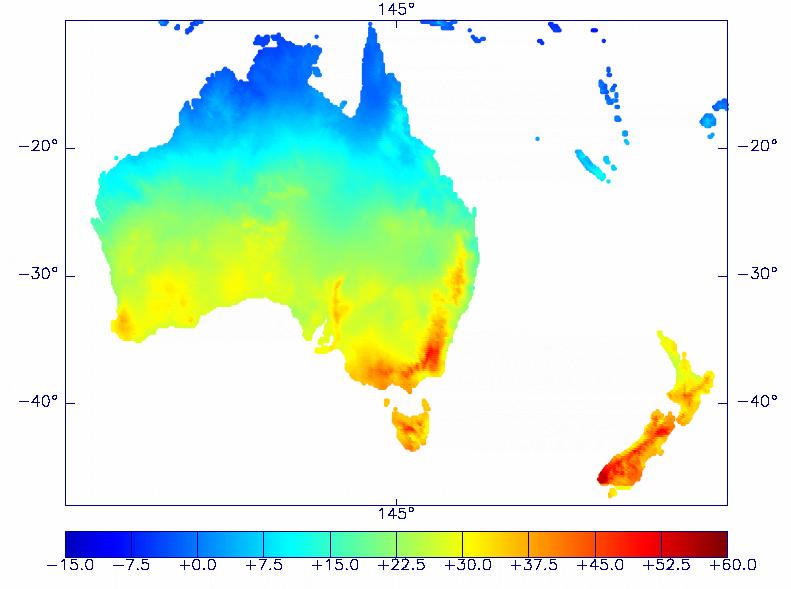 Figure 1: Conditions for January showing change in air temperature (deg C) required to bring PMV (TSN) to zero. Calculations are based on conditions at solar noon (Brisbane -8; Auckland +1).