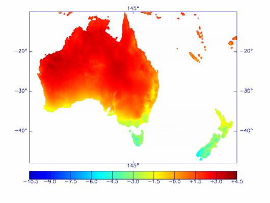 Figure 3: TSN (PMV) for the mid-winter month of July demonstrating the maximum effect of changes in cloud cover on the heat load of the human body.