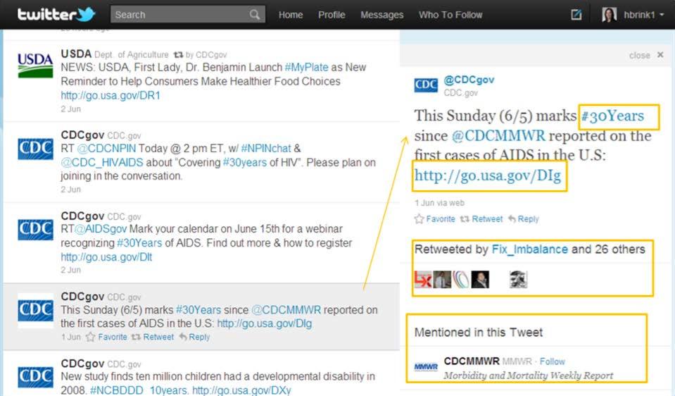 Above is a screenshot of a Twitter account. On the right is the most current Tweet of this account (@CDCgov). The yellow boxes show: A hashtag (#30Years). A mention of another CDC profile (@CDCMMWR).