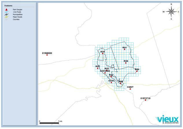 Section 2 Characterization of Precipitation Patterns Figure 2-2: Spatial Distribution of the Rain Gauge Network and 1-km 2 Radar Grid Pixels The Typical Year Rainfall Report indicated that while