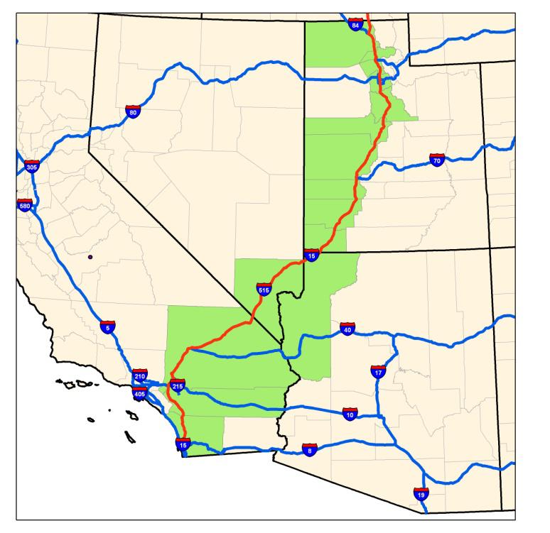 Exhibit A 2: Counties along I 15 2. Major Centers Freight movement between primary commerce areas consist of multiple counties where freight and commerce originate or terminate.
