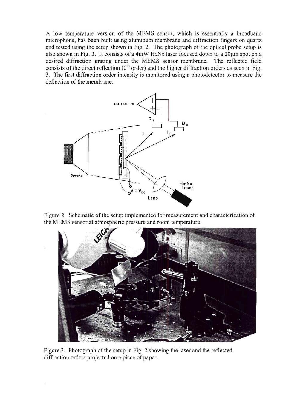 microphone, has been built using aluminum membrane and diffraction fingers on quartz and tested using the setup shown in Fig. 2. The photograph of the optical probe setup is also shown in Fig. 3.