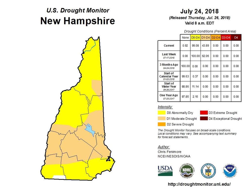 New Hampshire Drought Monitor The following graphic summarizes the drought conditions in New Hampshire: The National Drought Summary for July 24, 2018 identifies portions of New Hampshire in