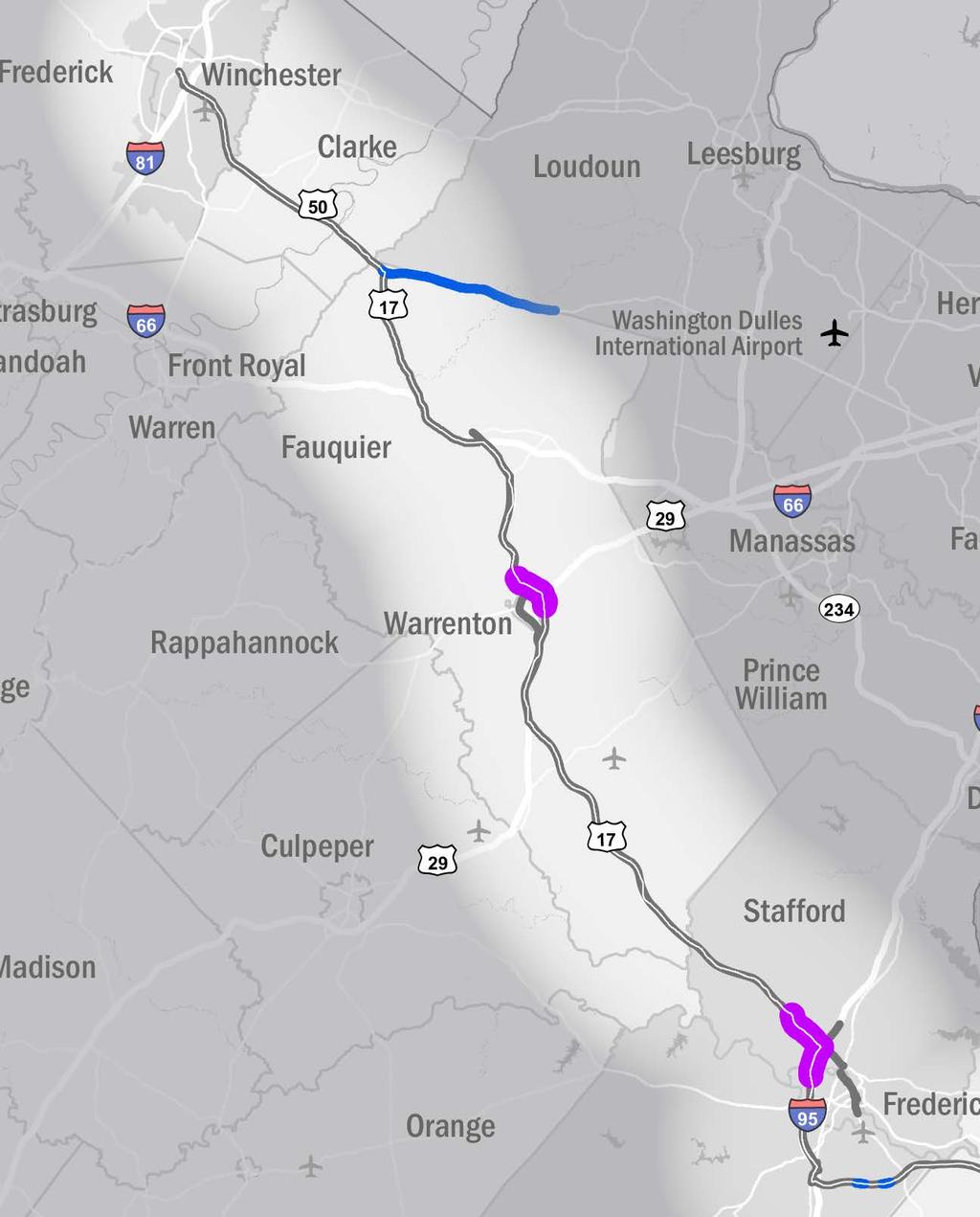 A3 SEGMENT PROFILE Segment A3 begins in Spotsylvania County, where US 17 joins I-95, and progresses north, leaving I-95 north of Fredericksburg, and serves Stafford, Fauquier, Clarke and Frederick