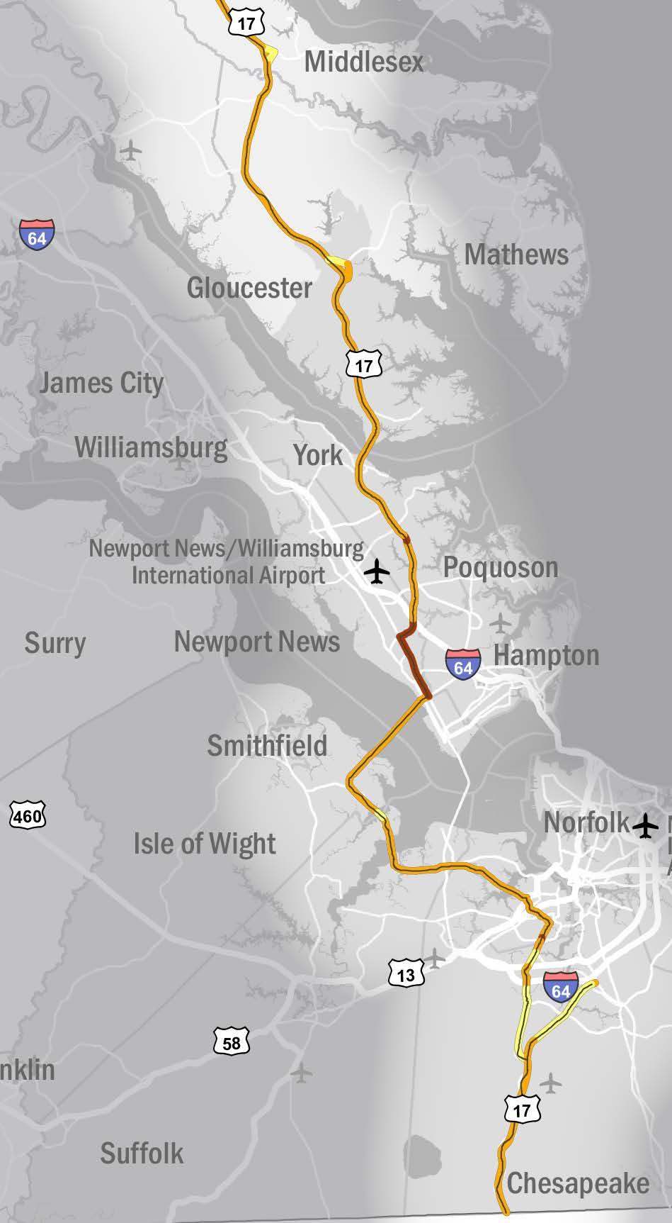 A1 SEGMENT PROFILE Segment A1 begins at the North Carolina border and progresses north to the Middlesex County Line, traversing the area of the Hampton Roads Transportation Planning Organization