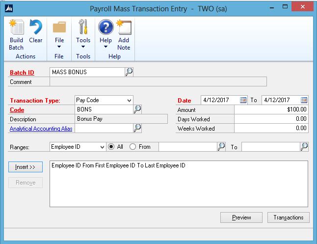 Speedy Speedy Payroll Entry Payroll Module Page TRANSACTION-MASS ENTRY This is a quick way to create a larger