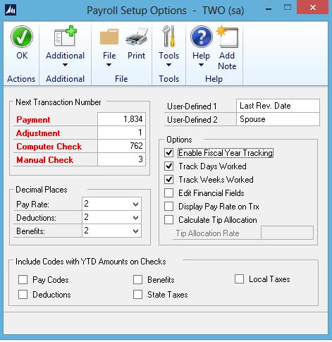 24. Fiscal Year tracking Payroll Module Page TOOLS-SETUP-PAYROLL-PAYROLL-OPTIONS button Track Fiscal Year payroll information in