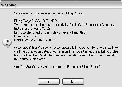 A dialog box will appear indicating whether the recurring transaction setup was successful, click OK.