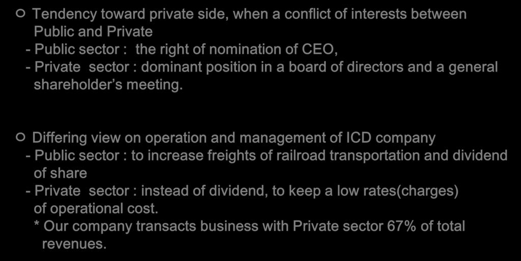 Challenges ㅇ Tendency toward private side, when a conflict of interests between Public and Private - Public sector : the right of nomination of CEO, - Private sector : dominant position in a board of