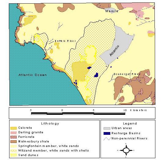 Figure 4.3: Geographical map for Atlantis and its surrounds A high-yielding spring (approximately 30 L/s) is located at Silwerstroom on the coast, and another at Mamre.