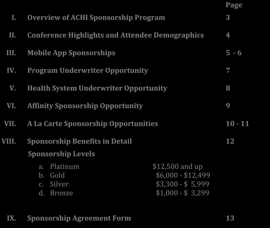 Table of Contents I. Overview of ACHI Sponsorship Program 3 II. Conference Highlights and Attendee Demographics 4 Page III. Mobile App Sponsorships 5-6 IV. Program Underwriter Opportunity 7 V.