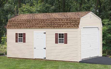 12x20 Dutch Garage Almond vinyl siding, white trim, tan roof, red shutters