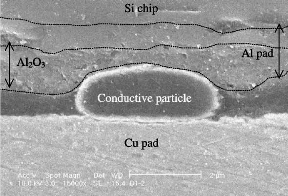 Y.C. Chan, D.Y. Luk / Microelectronics Reliability 42 (2002) 1195 1204 1203 Fig. 13. SEM micrograph showing a conductive particle pushed into the aluminium oxide layer on the Al pad.