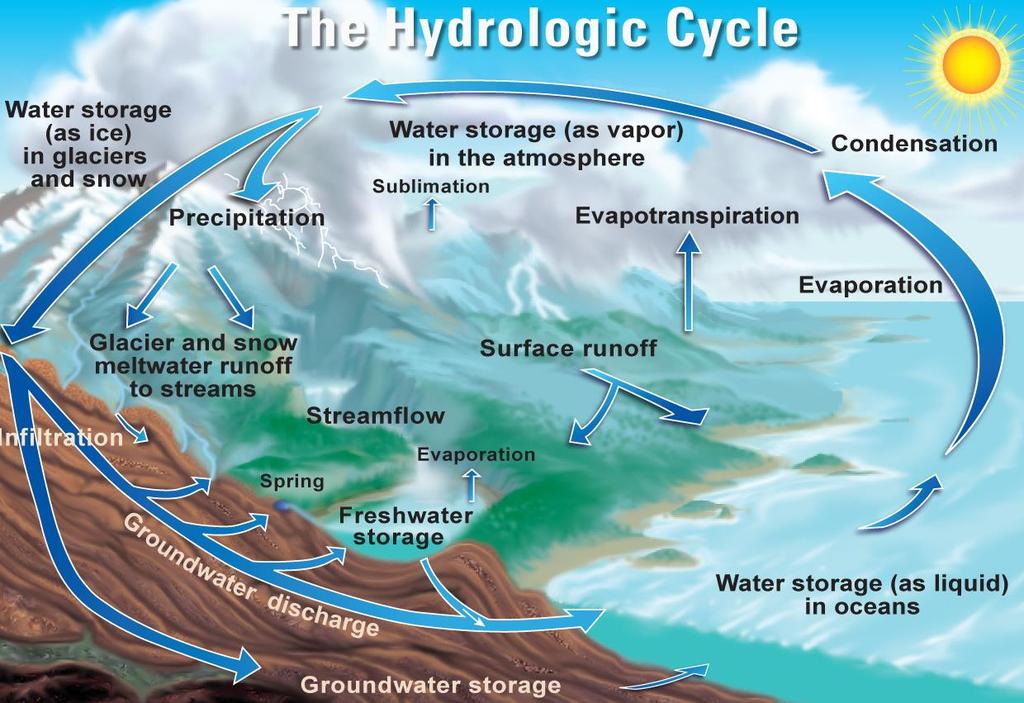 3) H 2O, water stored in oceans 4) H 2O, water underground (groundwater) 5) H 2O, infiltration and percolation 6) H 2O, as water vapor (humidity) in the air D.