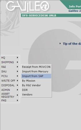 1 Click R&I and choose Import from SAP from the left-hand side menu 2 The screen displays the Umoja ECC PO