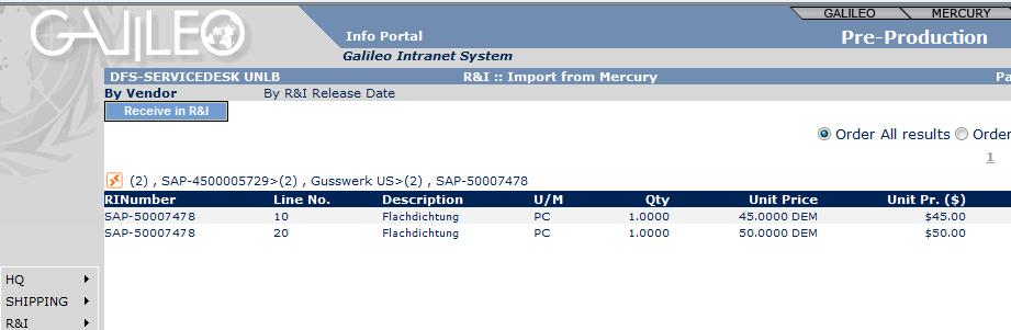 View Information Packet in Galileo After finding the correct document, the user clicks the PO number to view the detailed data transfer.