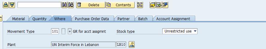 tab: Shows the Quantity in Unit of Entry, Quantity Ordered, Quantity Received previously (if applicable) 3 Where tab: Shows the Movement Type, Stock Type, Plant, Goods