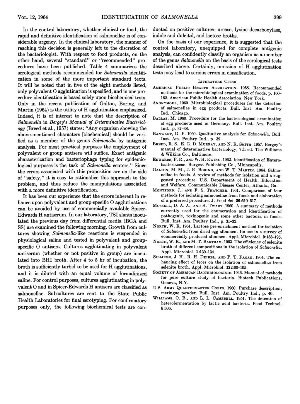 VOL. 12) 1964 IDENTIFICATION OF SALMONELLA 399 In the control laboratory, whether clinical or food, the rapid and definitive identification of salmonellae is of considerable urgency.