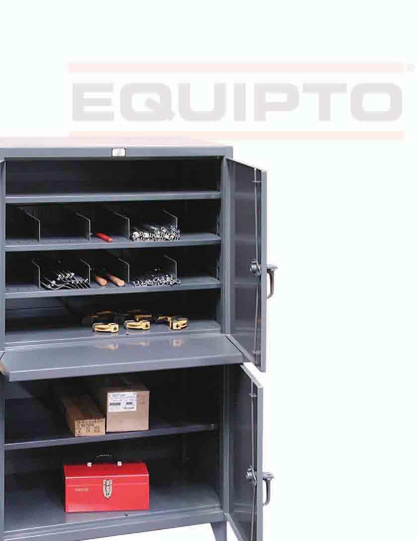 EQUIPTO S INDUSTRIAL CABINET LINE PROVIDES YOU WITH THE ULTIMATE IN HEAVY DUTY 12 GAUGE CABINETS BUILT TO LAST 12 GAUGE STEEL ONE PIECE WRAP AROUND SHELL 12 GAUGE STEEL DOORS 12 GAUGE STEEL BOTTOM 14