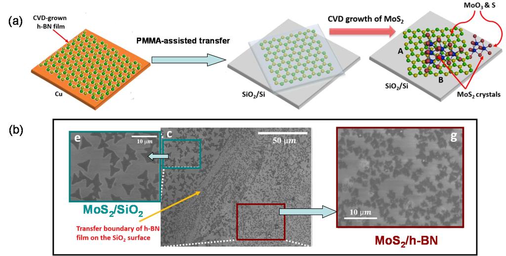 Electronics 2015, 4 1050 preferred to monolayer h-bn. Then, the h-bn film is transferred to SiO2/Si wafer. Finally, MoS2 is grown on top of h-bn films by CVD with MoO3 and S powders as the precursors.