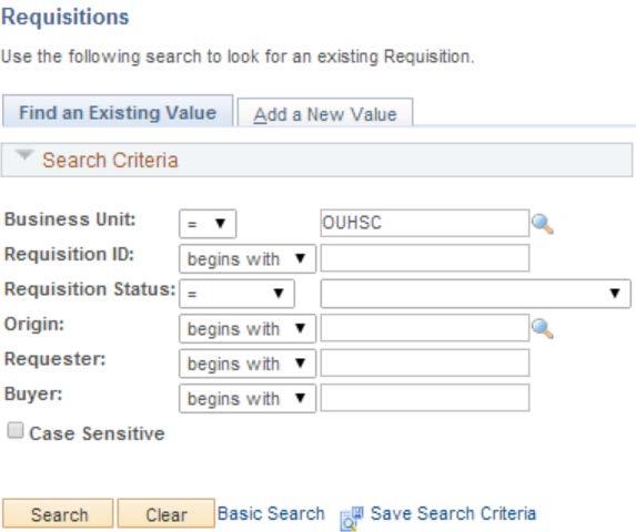 HSC - Requisitions Data Entry Update/Display Step 1: Menu Choices Purchasing Requisitions Add/Update Requisitions Step 2: Find Existing Requisition 1. Click on Find an Existing Value 2.