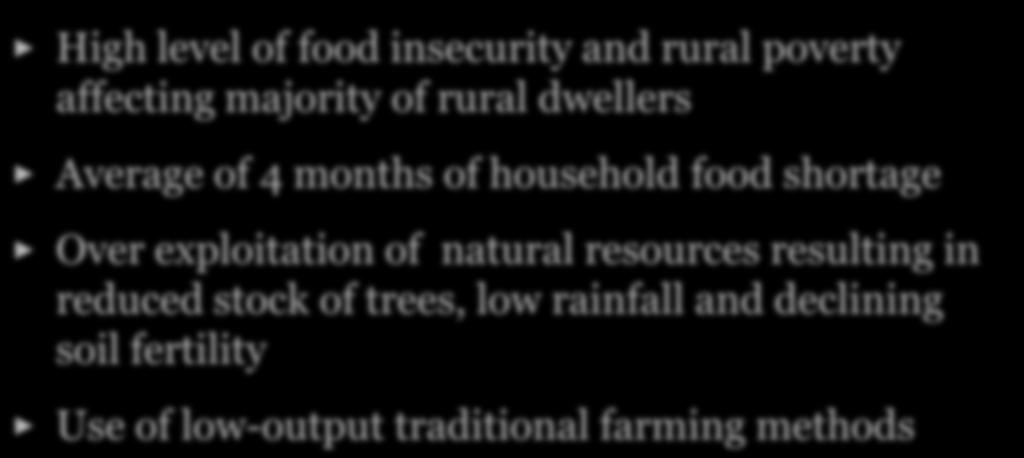 Main Constraints and Challenges High level of food insecurity and rural poverty affecting majority of rural dwellers Average of 4 months of household food shortage
