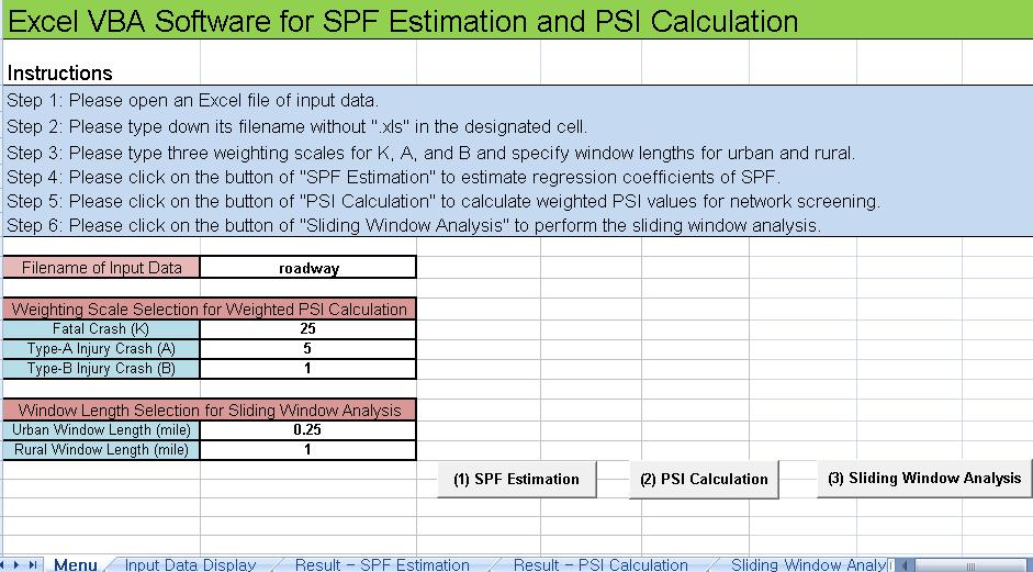 Figure 7.3. Screenshot of the user interface. 7.3.1. SPF Estimation Once the input data is ready, Illinois-specific SPFs can be estimated by clicking on the SPF Estimation button.