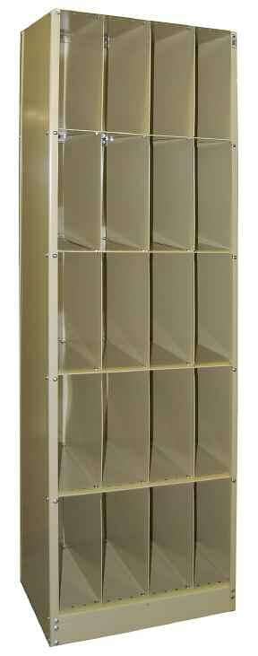 Available in eight (8) colors (see color chart). Narrow compartments: dividers are 6" apart. 15 3 8" vertical shelf clearance.