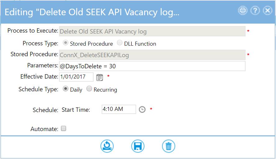 3.9.7 Removing Old SEEK API Interface Log Records To maintain system performance, there is a new CAP process for deleting Seek API 2017 media vacancy logs older than a set number of days.