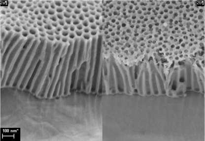 Fig. 2a: Cross view of AAO after chemical pore widening, 2b: cross view of AAO after electrochemical pore widening Post-anodization treatment The formation of electric contact between the aluminium