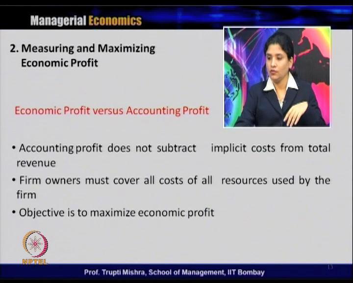 (Refer Slide Time: 21:55) Accounting profit does not subtract the implicit cost from the total revenue. We are discussing just that. Firm owners must cover all cost and all resources used by the firm.