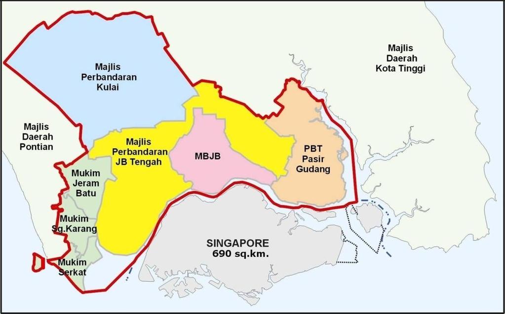 Geographical Coverage of Iskandar Malaysia Area: 2,217 km 2 / 550,000 ac. 3 times the size of Singapore Pop: 1.