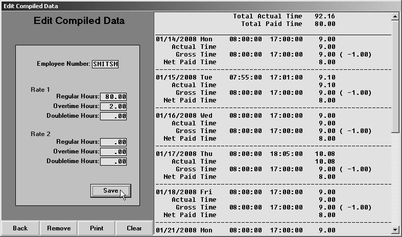 Editing the Compiled Data Once you compile the time clock data, you can edit the data as needed.