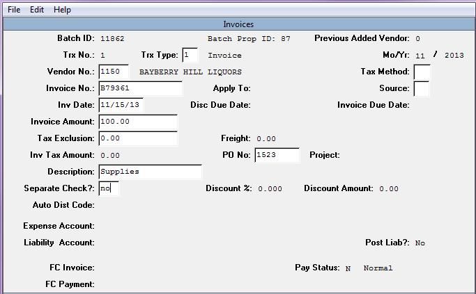 Invoice Entry Trx No. The system assigns a transaction number to each invoice/debit/credit. Trx Type The type of transaction. The default is Invoice.