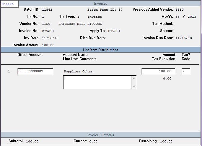 Line Item Distributions Line Item Number The system assigns a number to each line item. Offset Account The G/L account to which this line item is to be posted.