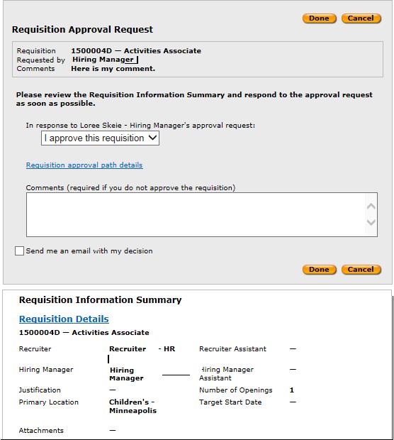 2. Use the links to see the where the request is in the approval path or click on the Requisition Details to see the full details about the position.