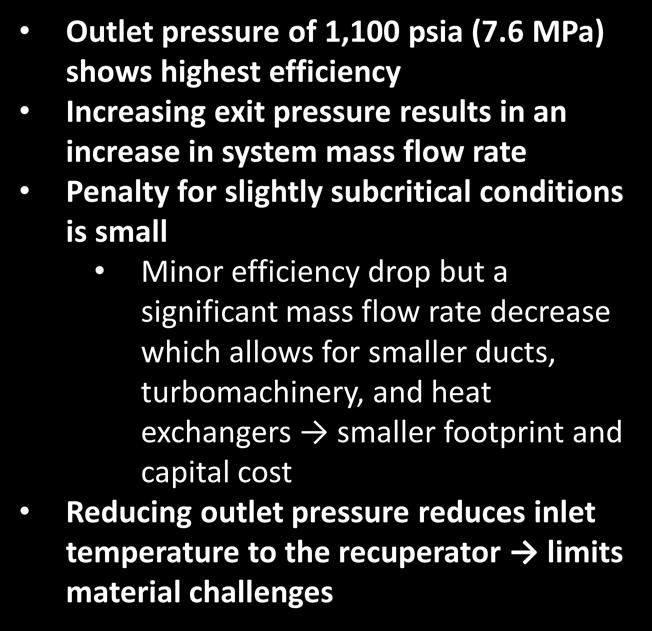 sco 2 Recompression Brayton Cycle Turbine Outlet Pressure Effects on Cycle Efficiency and Mass Flow Rate Outlet pressure of 1,100 psia (7.