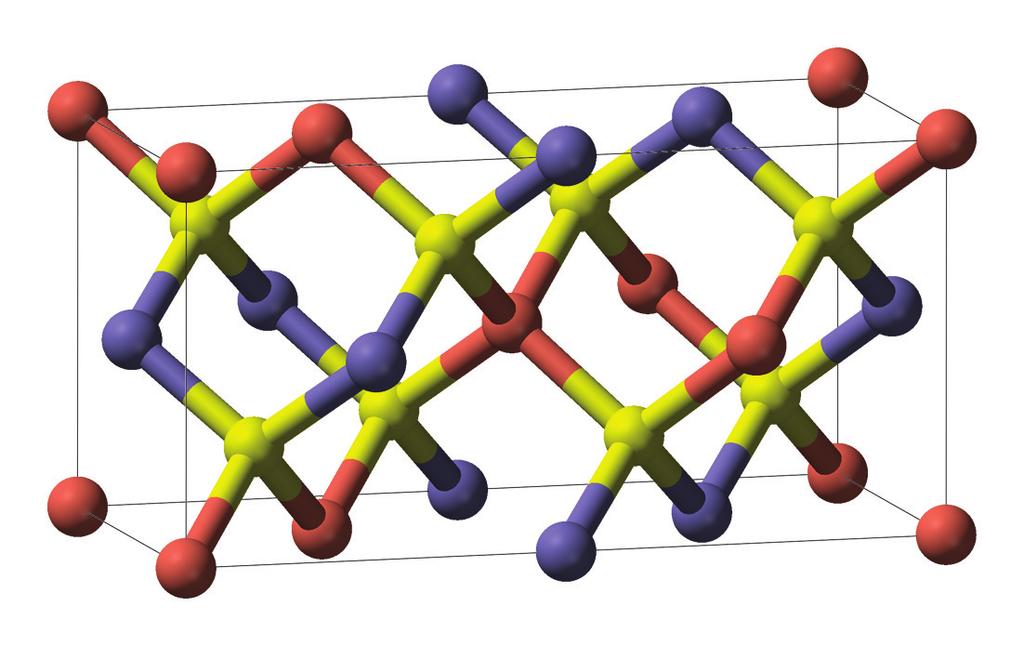 13. Thin-Film Solar Cells 201 Figure 13.19: The crystal structure of copper indium diselenide, a typical chalcopyrite. The colors indicate copper (red), selenium (yellow) and indium (blue).