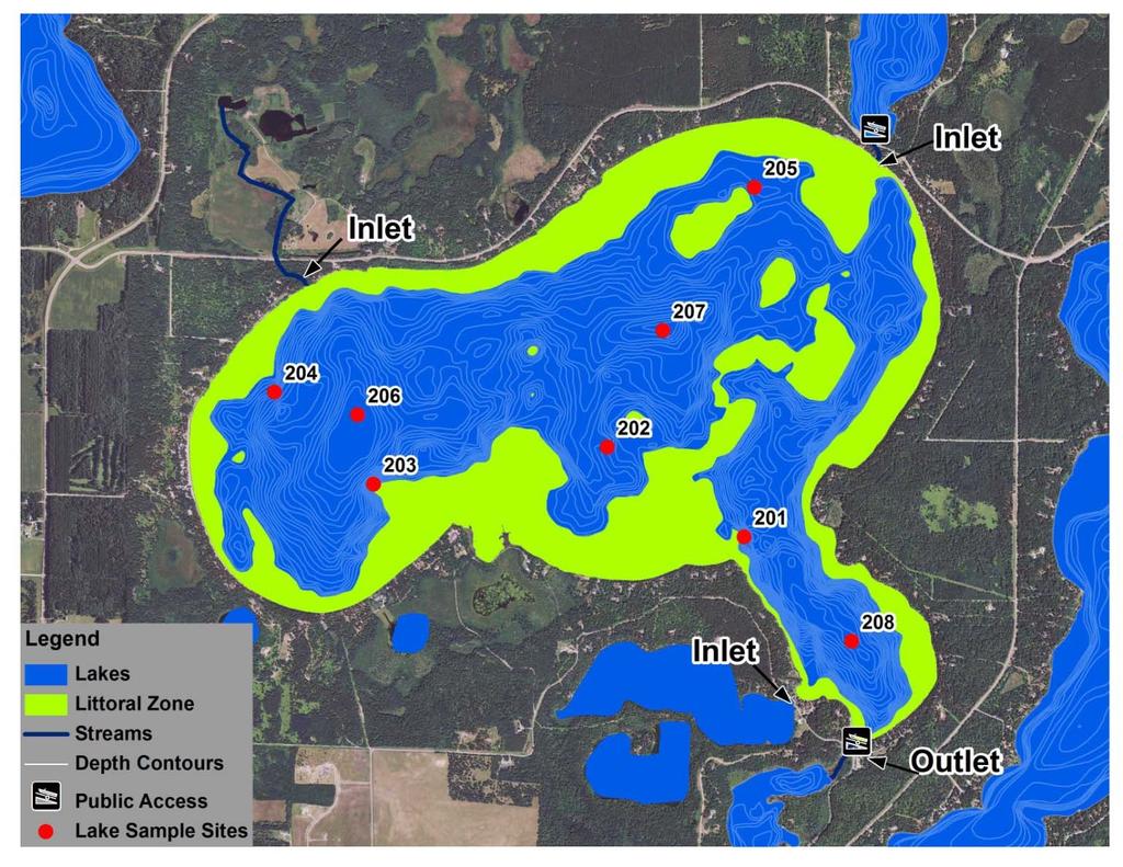 Lake Map Figure 1. Map of Big Sand Lake with 2010 aerial imagery and illustrations of sample site locations, inlets and outlets, and public access points.