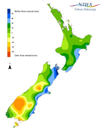 Climate Soil moisture anomaly (mm), 6 June 2017 Wetter than normal (mm) 60 40 20 10 0-10 -20-30 -50 Drier than normal NIWA expect there is a high chance temperatures will be at, or above, average for