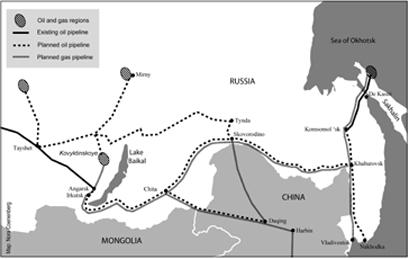 Map 2 Gas and oil pipeline projects in Eastern Siberia and in the Far East Nakhodka which serves the supply of Japan and South Korea.