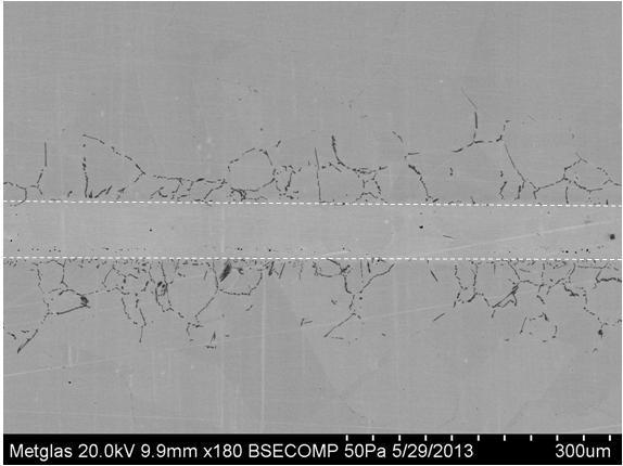 The samples where then analyzed on an SEM. Fig. 4a shows the braze joint for the MBF51 sample. The dashed white line is added for clarity to distinguish the initial base metal from the braze layer.
