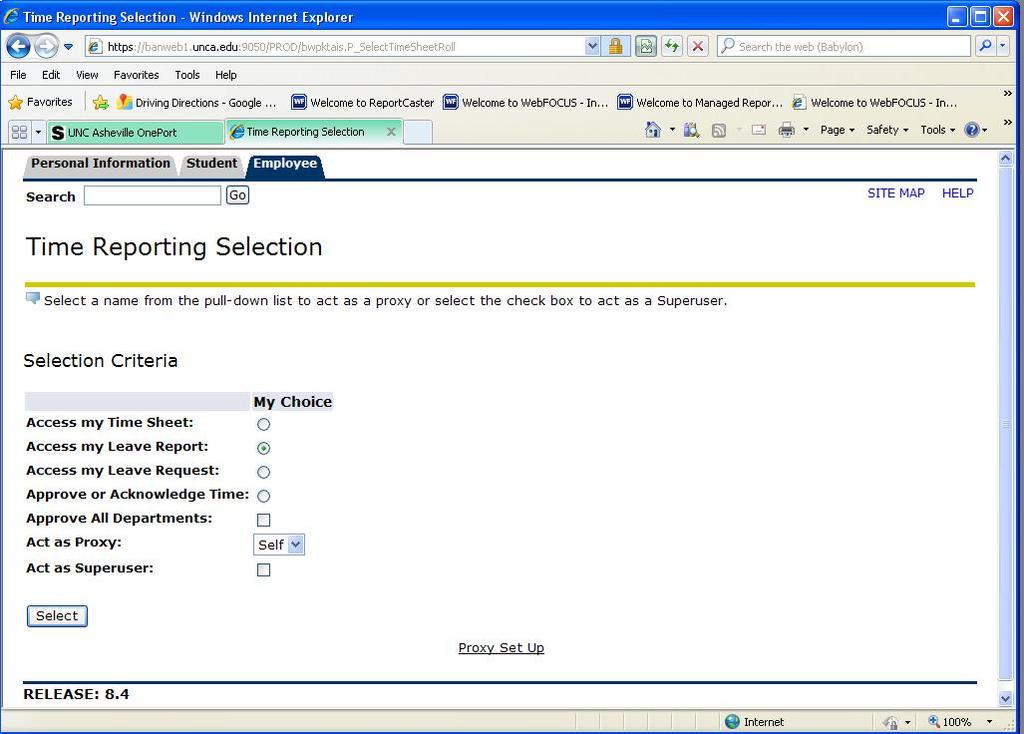 Employee Time Reporting Selection 4 Click the Select button.