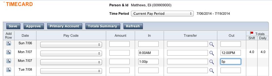 30-minute lunch) Adding a Row on the Timecard In this example, you are taking a 60-minute lunch.