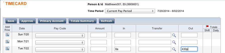 Time Entry Employee Entering Time AnyTime employees can enter start times, stop times and transfers (between jobs) into their CalTime timecard at any time during and up to the end of a given pay
